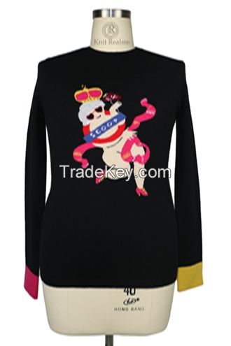 Women's Scoop intarsia crewneck sweater 100% cashmere hand knitted