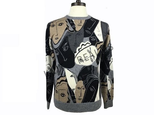 Men's human face intarsia allover pattern crewneck sweater 100% cashme