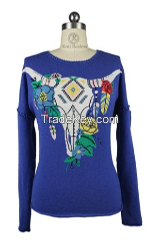 Women's goat intarsia  crewneck sweater 100% cashmere hand knitted