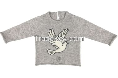 Baby's dove intarsia crewneck sweater 100% cashmere hand knitted