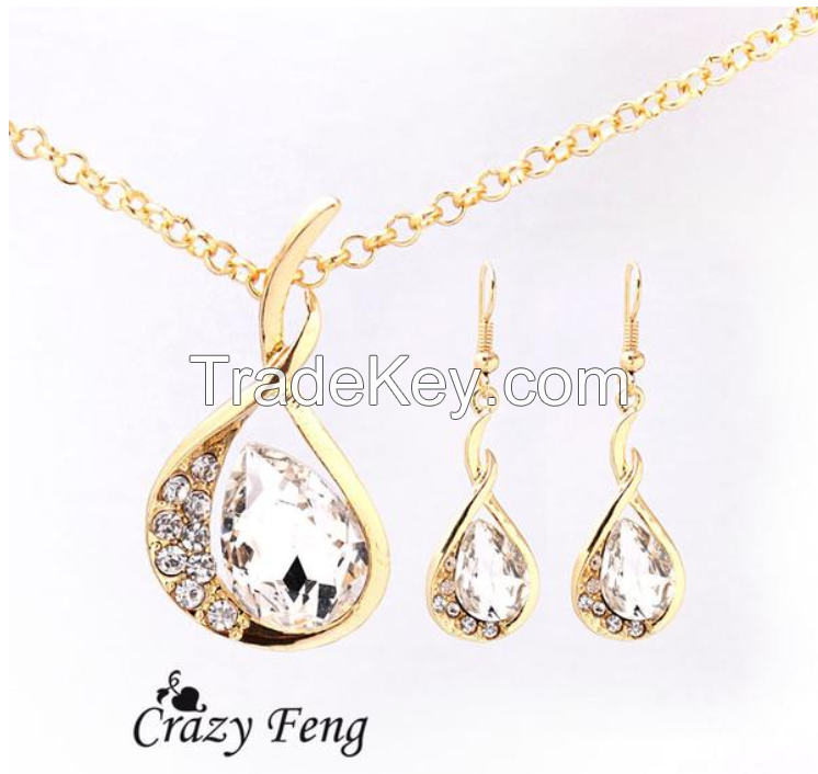 Women's Yellow Gold Plated Austrian Crystal Jewelry Sets Chain Necklace+Earrings