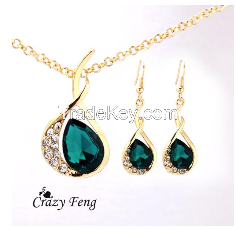 Women's Yellow Gold Plated Austrian Crystal Jewelry Sets Chain Necklace+Earrings