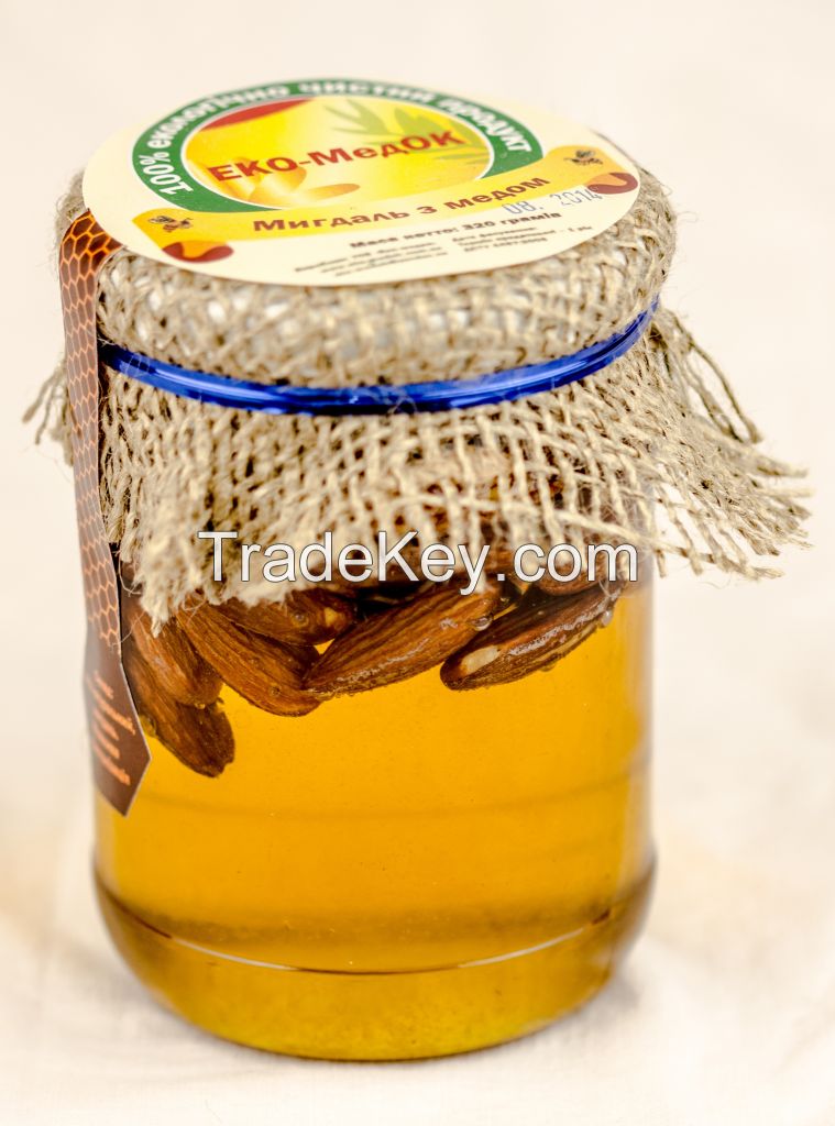 Honey with Almond Nuts Organic 100% Pure Raw Bee Handmade Natural Eco Jar Diet