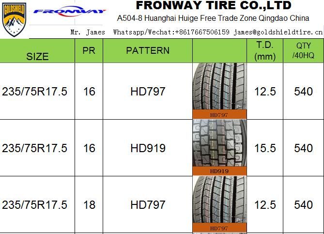 GOLDSHIELD FRONWAY TRUCK TRAILER BUS TIRES 235/75R22.5