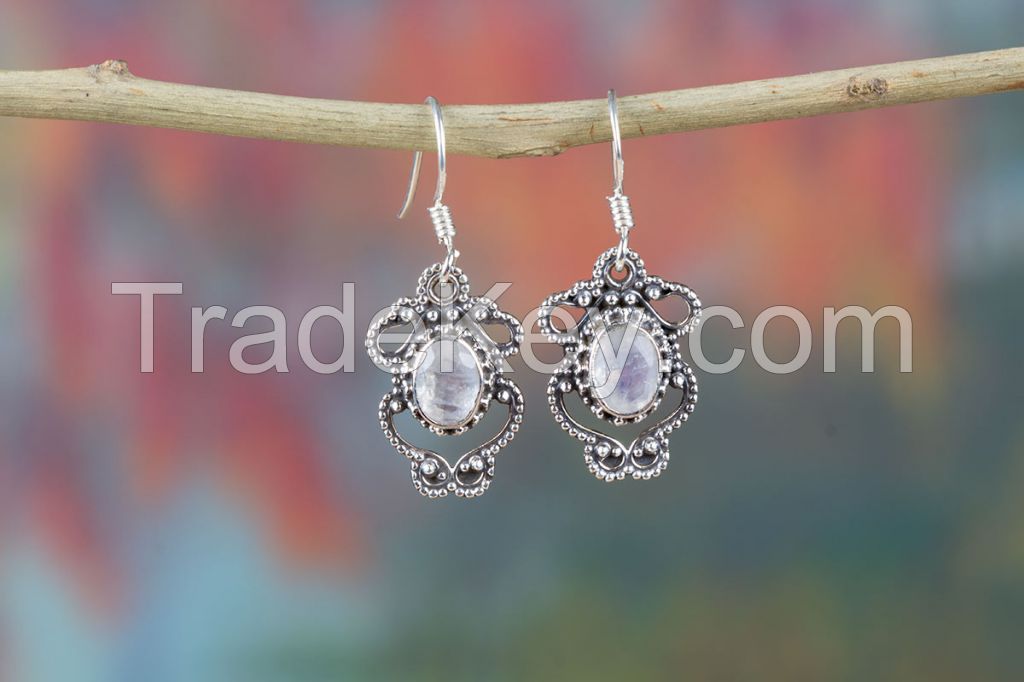 Wholesale 925 Sterling Silver Faceted Rainbow Moonstone Gemstone Earring