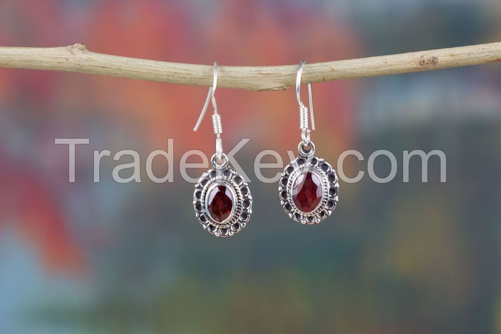 Wholesale 925 Sterling Silver Faceted Garnet Gemstone Earring