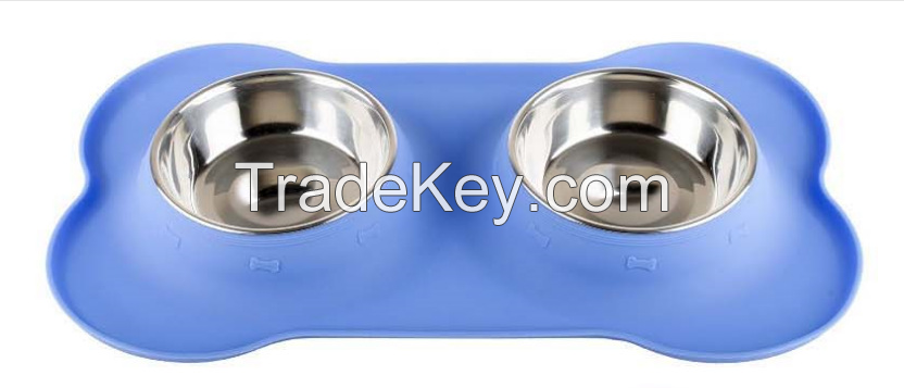 FDA harmless bone shape silicone dog bowl with stainless steel bowl