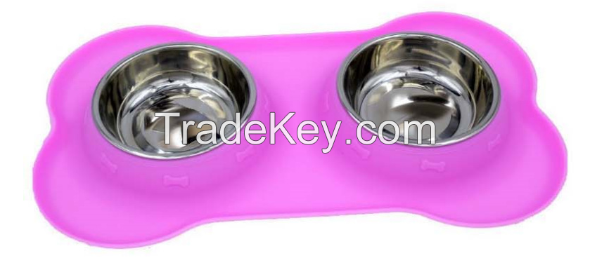 2017 FDA bone shape silicone dog bowl with stainless steel bowl