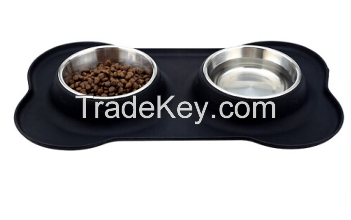 Pet Bowl Double Dog Bowl No Spill Silicone Mat Stainless Steel Dog Bowl