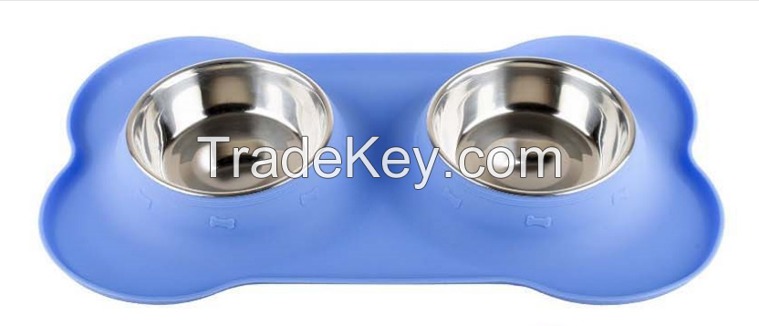 Pet Bowl Double Dog Bowl No Spill Silicone Mat Stainless Steel Dog Bowl