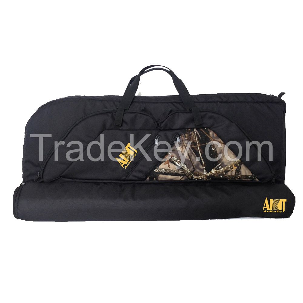 canvas compound bow case with long zipper pocket and small upper pockets for archery accessories carrying with handle