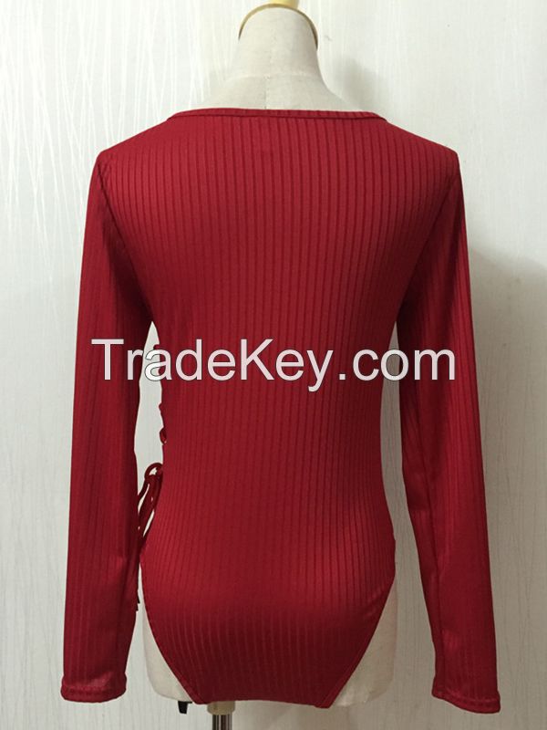 Sexy Wine Red Long Sleeve Bodysuit