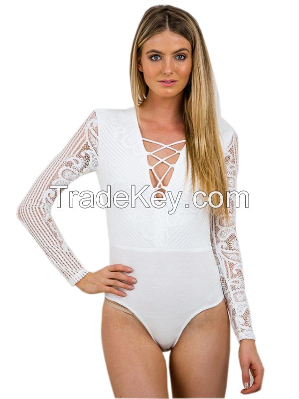 White Long Sleeve Lace Bodysuit