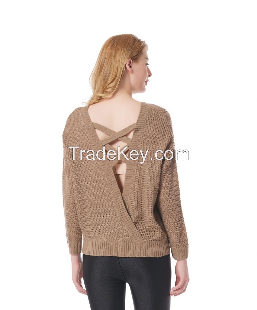 Open Back V Neck Criss Cross Women's Pullover Sweaters Long Sleeve Casual Loose Knitted Tops for Women