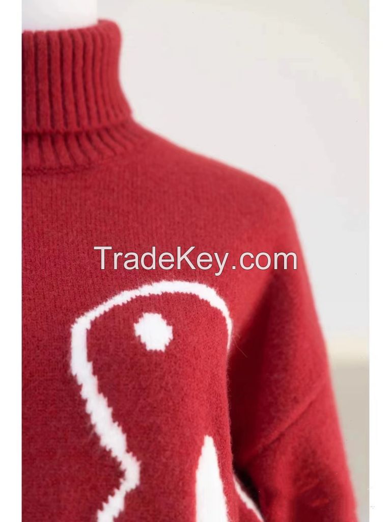 High Neck Warm Rabbit Pattern Pullover Sweater