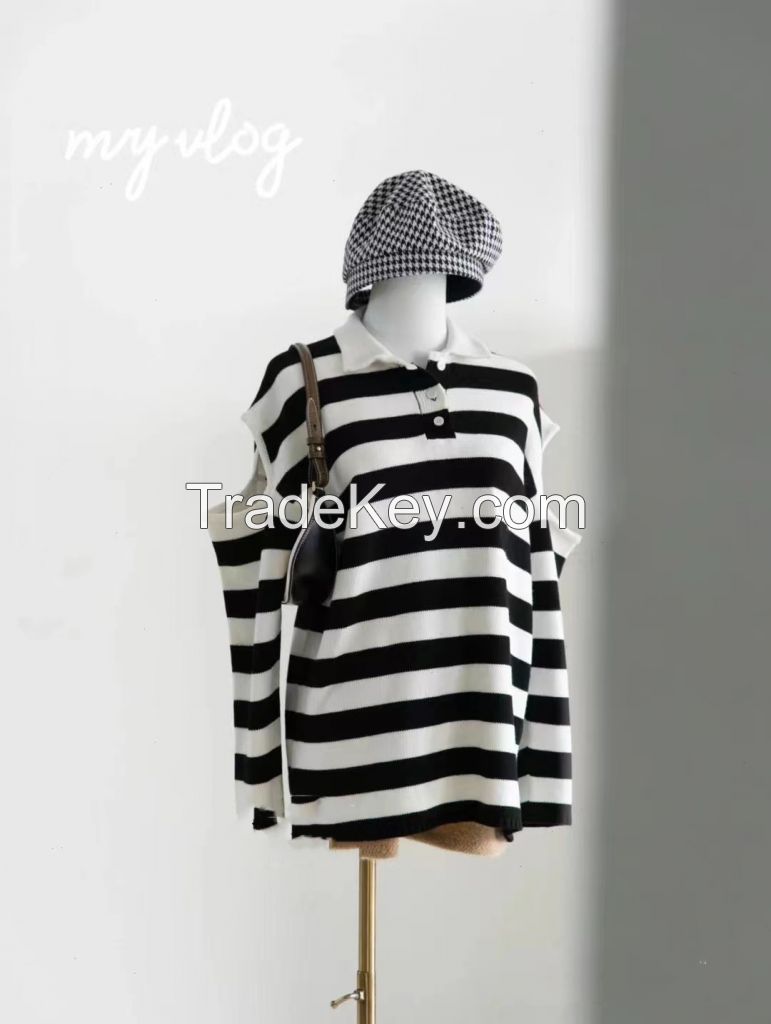 New Off Shoulder Striped Suit Collar Pullover Sweater