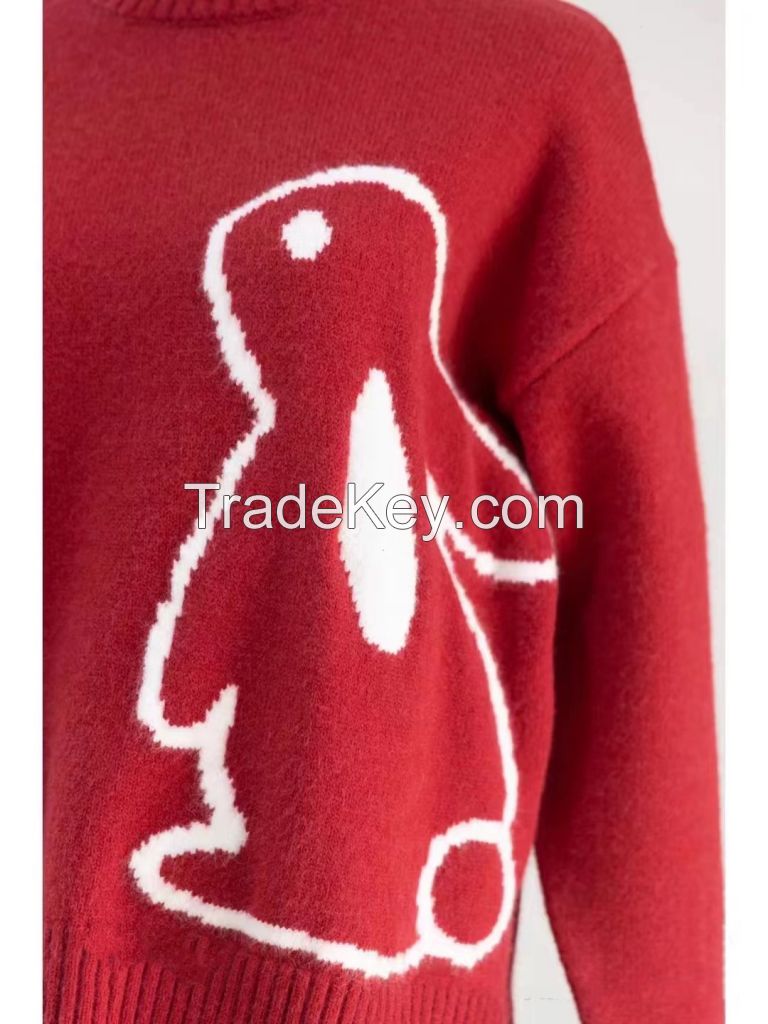 High neck warm rabbit pattern pullover sweater