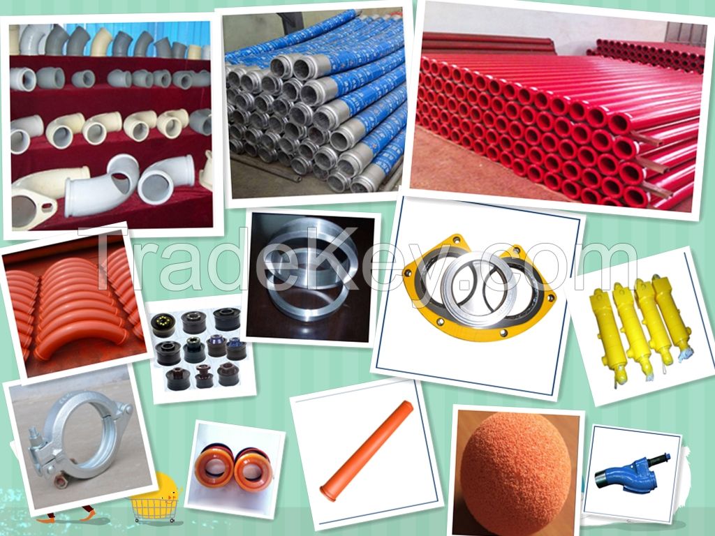 Concrete pump pipe, elbow, bend, clamp coupling, rubber hose, Cylinder, piston, wear plate and wear ring, concrete placing boom