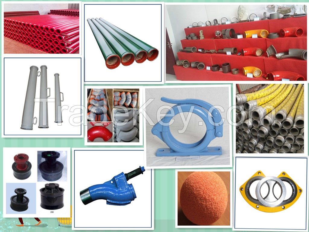 Concrete pump pipe, elbow, bend, clamp coupling, rubber hose, Cylinder, piston, wear plate and wear ring, concrete placing boom
