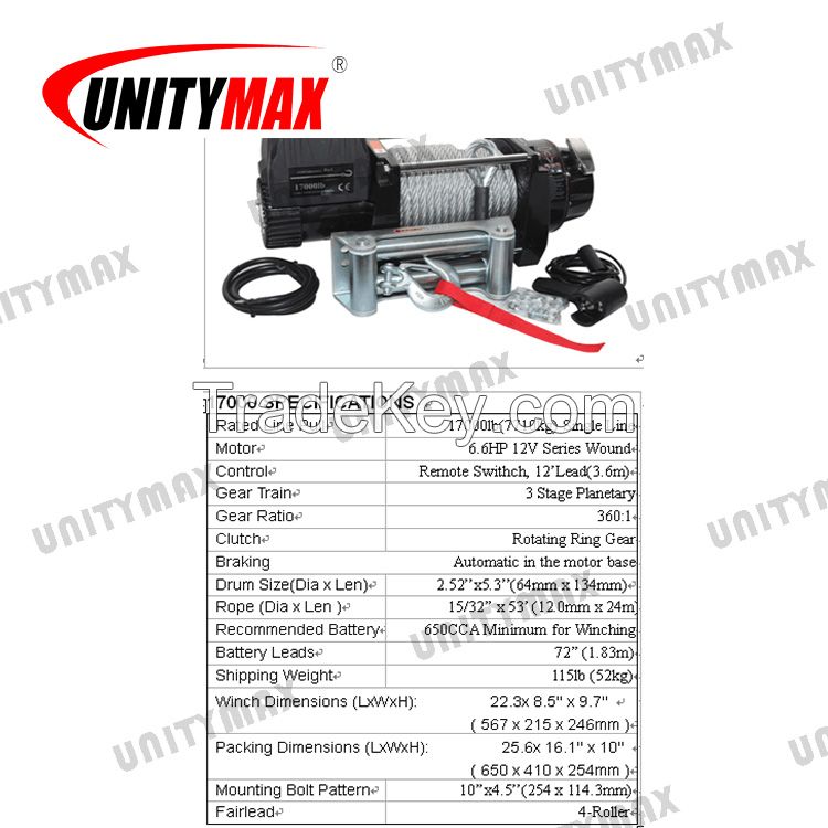 Unity 12V 4X4 electric car winch 17000lbs