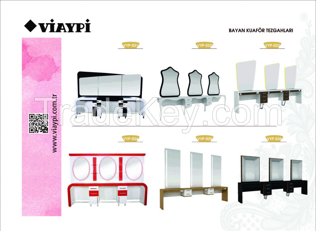 Beauty Salon Mirrors , Salon Mirrors For Hairdressers , Hairdressing Benches , Barber benches , Viaypi Company , Barber Chairs , Men  s hairdressing benches, Women hairdressing benches , Hairdressing Tables , Barber Tables