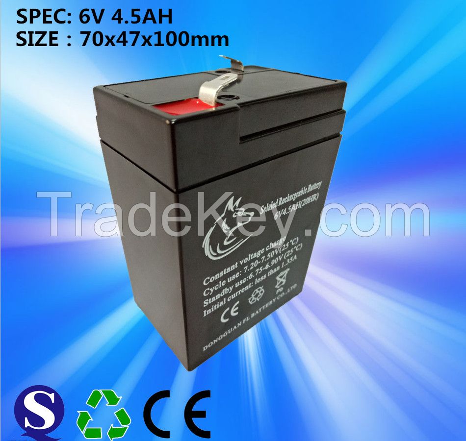 Feilang Factory Price Sealed Lead-Acid Rechargeable Battery 6V 4.5AH With Best Quality