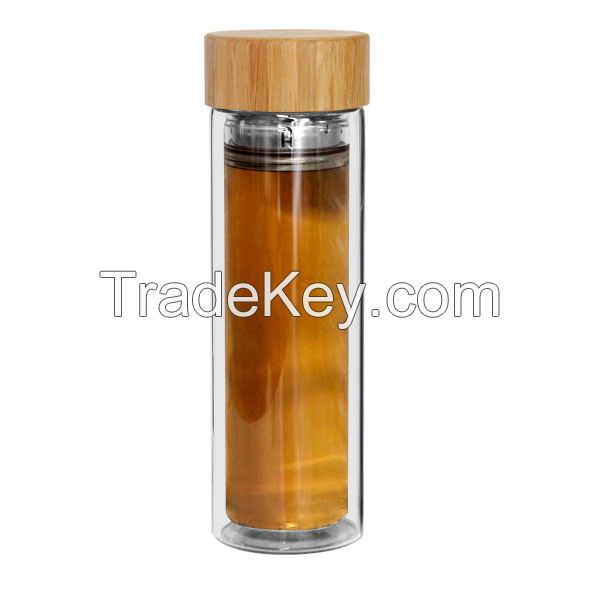 EG505 New Design Custom Promotional Sexy Double Wall Glass Water Bottles With Bamboo Lid &amp;Tea Infuser Wholesale Logo