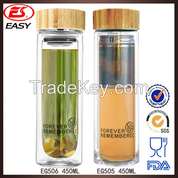 EG505 New design factory sale high borosilicate glass filtered sports drinking water bottle with bamboo cap