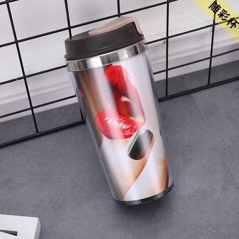 double wall plastic 420ml advertising cup promotion thermos tumbler with paper insert,double wall plastic paper insert tumbler