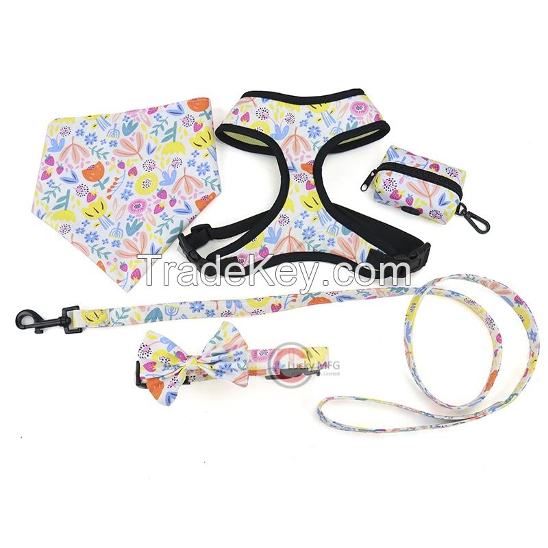 custom Cotton fabric Pet Cat Dog Harness Leash Lead Collar Set