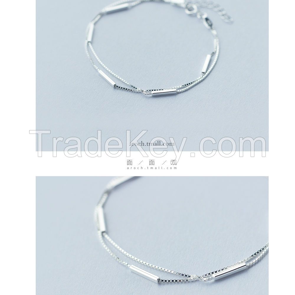 Dormy Story 925 Sterling Silver Simple Fashion Geometric Bar Stick Chain Double Strand Bracelet Jewerly as Gift