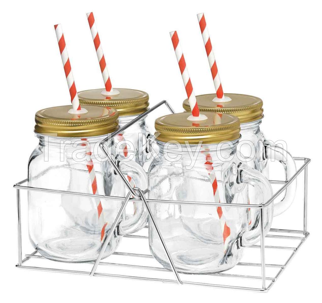 4sets drinkware Mason Jar with handle 15oz 16oz with straw&amp;rack