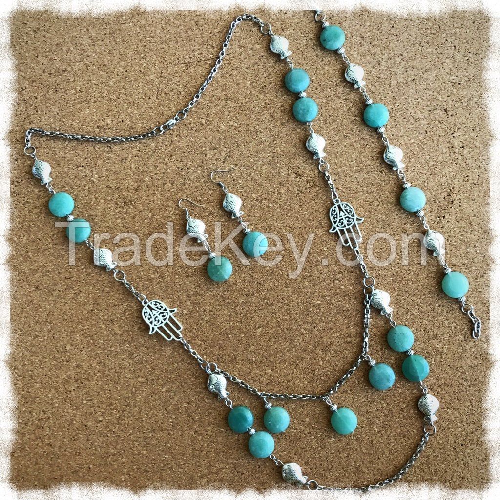 Jade Color Stone Necklace Earrings and Bracelet Set