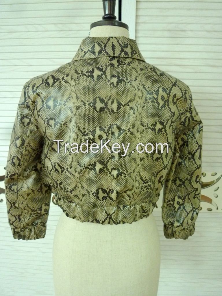 Women's Snakeskin Print PU Leather Jacket Zipper Ladies Basic Short Jackets Coat