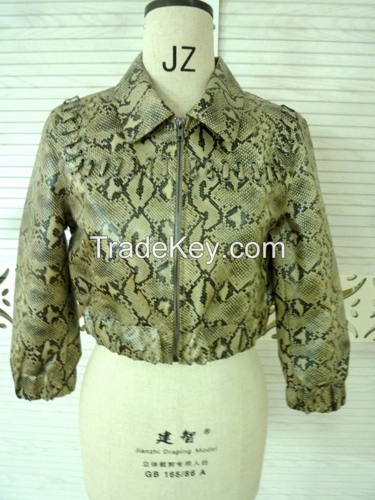 Women's Snakeskin Print PU Leather Jacket Zipper Ladies Basic Short Jackets Coat