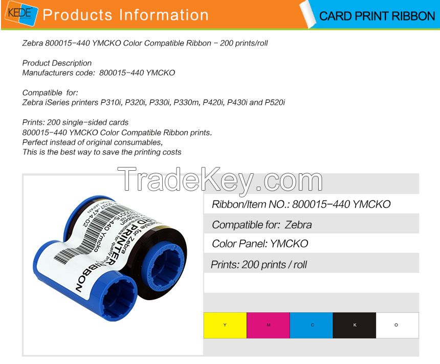 Zebra 800015-440 YMCKO Color Compatible Ribbon - 200 prints/roll