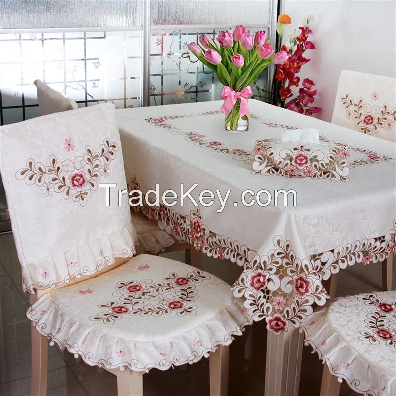 Handmade Cutwork Jacquard Embroidered Fabric Rectangle Dining Tablecloths Beige