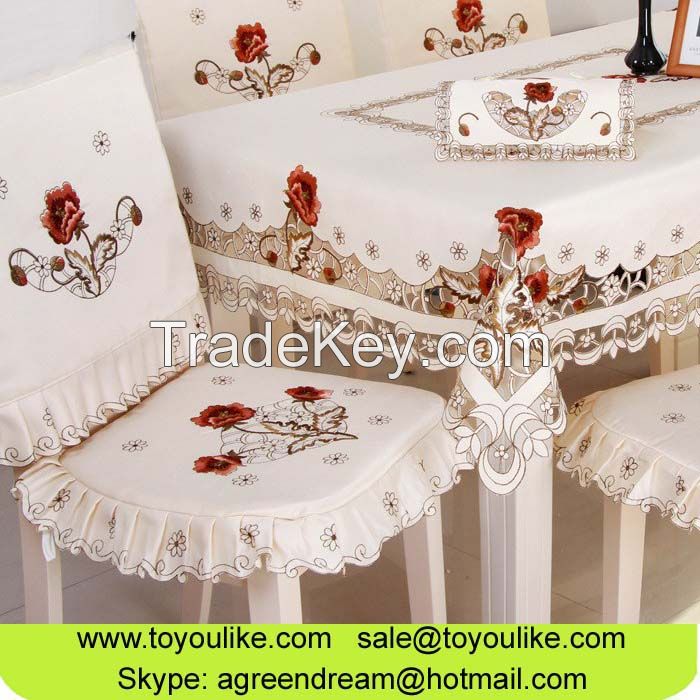 Handmade Cutout Embroidered Dining Table Cloth Chair Cover Set Beige