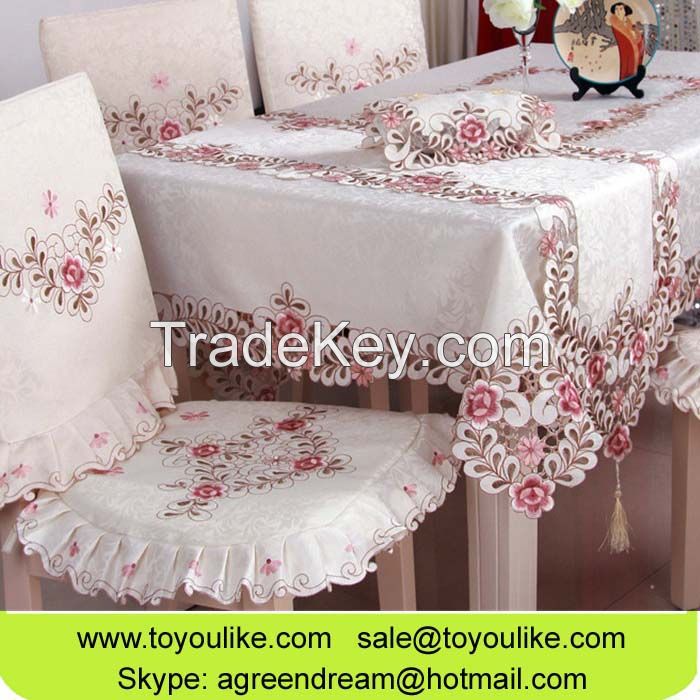 Handmade Cutwork Jacquard Embroidered Fabric Rectangle Dining Tablecloths Beige