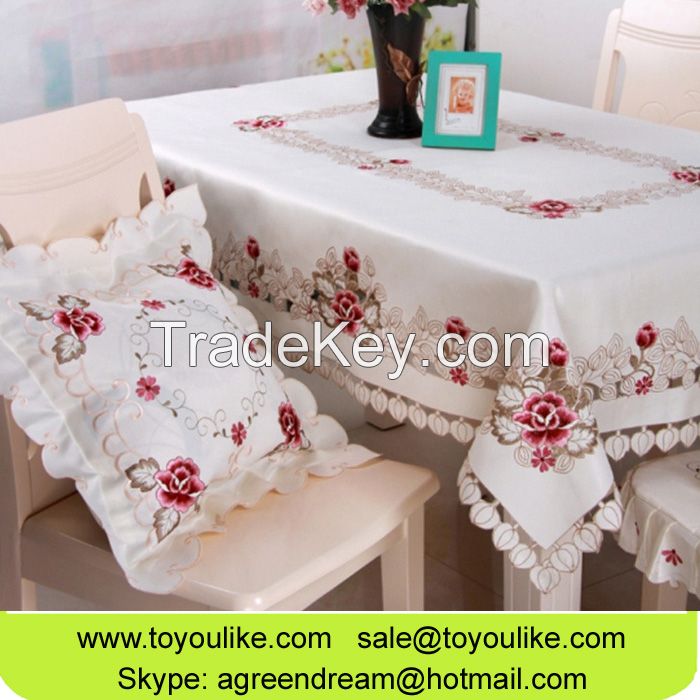 Handmade Cutout Floral Embroidered Satin Fabric Dining Table Cloths Set