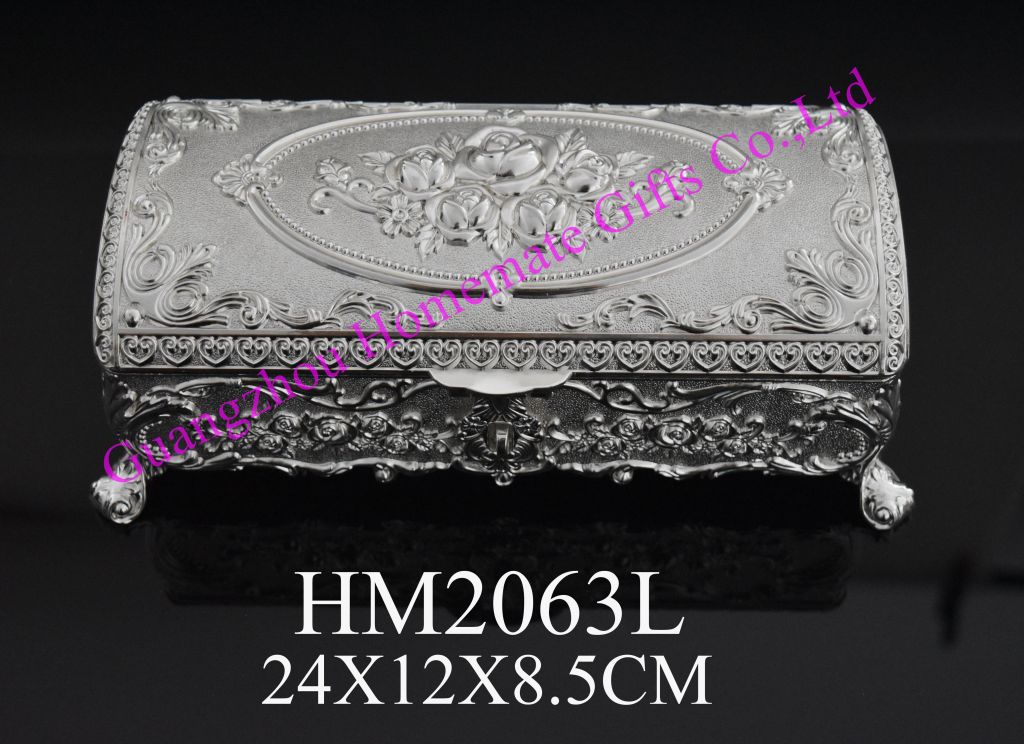 Rose pattern silver plated rectangular jewelry box