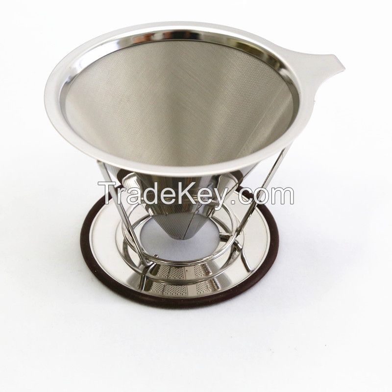 Pour Over Coffee Cone Dripper, Reusable Stainless Steel Double Mesh Coffee Filter with Removable Cup Stand.