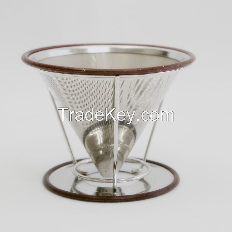 Stainless Steel Double Mesh Filter Coffee Dripper Reusable Pour Over Coffee Maker with rubber ring,removable cup stand