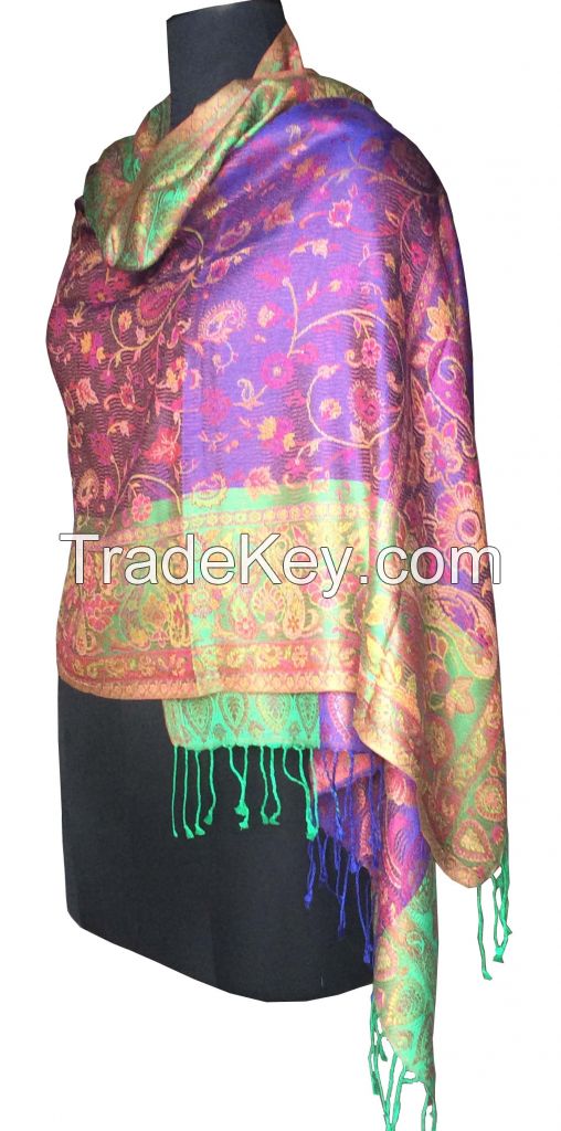 KSS-1025 Superfine Silk with Purple and Beige Color hand made fringes Jacquard women Silk Scarf