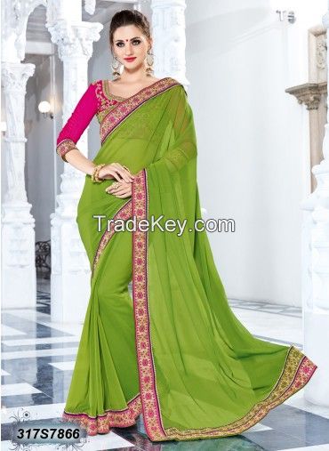 Glitzy Peach Coloured Georgette Saree - Leemboodi