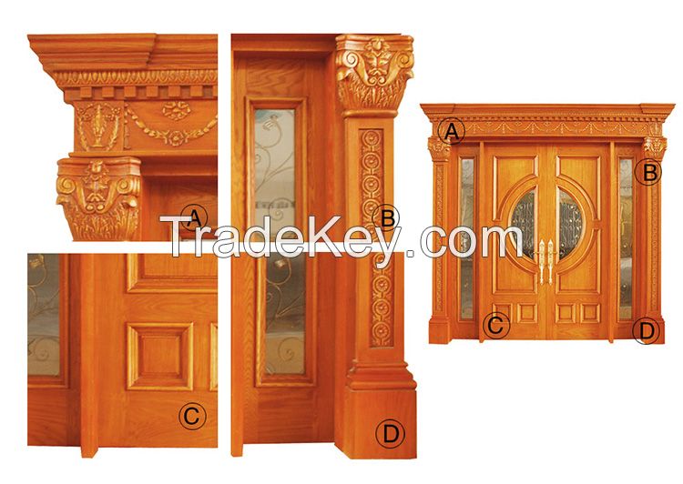 Luxury oak wood carved exterior entrance door with two sidelites