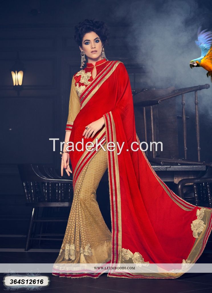 Red and gold Coloured fancy fabrics designer saree