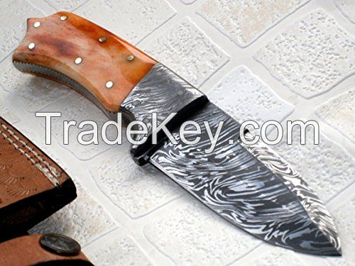 Custom Handmade Damascus Steel Knife - Colored Bone Handle