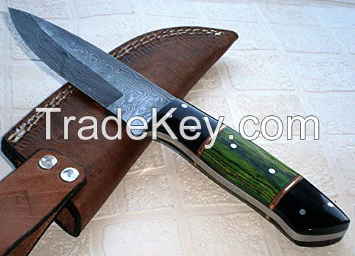 Custom Handmade Damascus Steel knife-Buffalo Horn and Wood Handle 