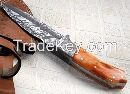 Custom Handmade Damascus Steel Knife - Colored Bone Handle
